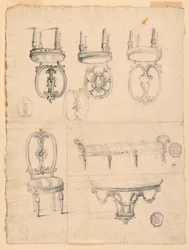 Tegning, stoler og arkitektoniske skisser, ca. 1800