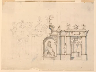 Tegning, Kolonnade med fontene, ca. 1770
