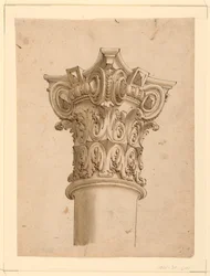 Tegning, hjørnevisning av sammensatt kapitæl, 1625–1650