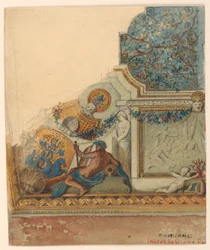 Tegning, hjørnedetalj av tak, Hotel de Cluny, Paris, ca. 1885