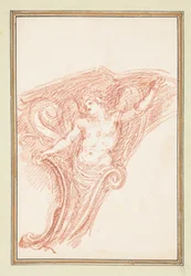 Tegning, hjørnedetalj med delvis naken mannsfigur, ca. 1759–70