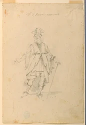 Tegning, kostymedesign: En mann i fantastisk antrekk til en ballett, ca. 1720