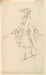 Tegning, kostymedesign: En adelsmann, konge eller prins til en ballett, ca. 1720