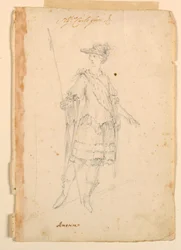 Tegning, kostymedesign: Amerika for en ballett, ca. 1720