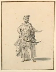 Tegning, kostymedesign: Persisk prins, for en sceneproduksjon designet av Giuseppe Galli Bibiena, 1719