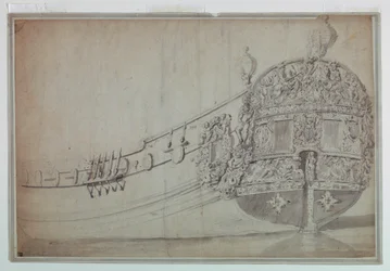 Tegning, dekorativ design for akterenden av et skip, ca. 1705
