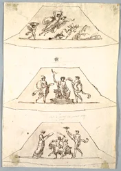 Tegning, dekorativt prosjekt: Tre trapeser med Flora og Zefiro, ca. 1815