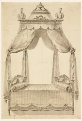 Tegning, design for en seng, ca. 1785