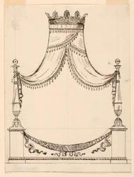 Tegning, design for en seng, ca. 1800