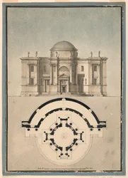 Tegning, design for et klassisk tempel med en tempietto og en halvsirkelformet aedicule, ca. 1780