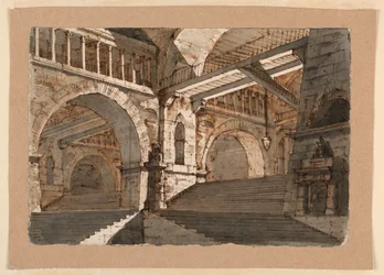 Tegning, scenografi, underjordiske trapper og gallerier i et befestet palass, ca. 1800