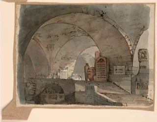 Tegning, scenografi, underjordisk hvelvrom med graver, tidlig på 1800-tallet