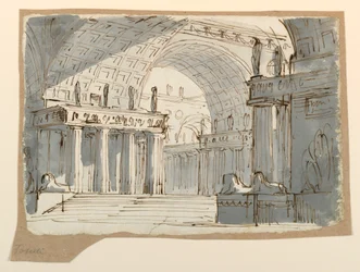 Tegning, scenografi, hvelvede klassiske bygninger, ca. 1800