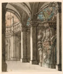 Tegning, scenografi, utsikt inn i apsis, tidlig 1700-tall