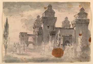 Tegning, scenografi, utsikt over slottet, 1810–1820