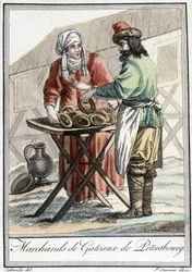 Tallerken fra 1800-tallet som representerer en russisk mann, kakehandler i Petersburg.