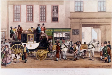 A Diligence in front of the Star Hotel”” i Oxford i 1831”” Gravering fra 1800-tallet.