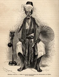 En hinduistisk religiøs tigger. Gravering for å illustrere reisen i meridionalprovinsene i India, av Alfred Grandidier, i 1862-1864, publisert i "" Le tour du monde""" 1869, redigert av Edouard Charton, utgave Hachette, Paris. Selva samling.