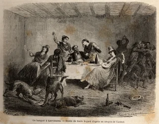 En bankett i Lauramarca (Nedre Peru), en mann omgitt av indiske kvinner, blir servert og bortskjemt, mens tjenerne hans drar nytte av distraksjonen hans, kolliderer uten hans viten. Gravering for å illustrere reisen i Quinquinas-dalene (Peru), av