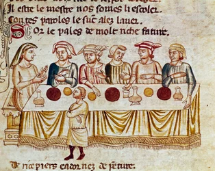 En bankettscene: en konge og hans gjester Miniatyr fra "" Entrree of Spain"". Venezia fra 1300-tallet, Biblioteca Marciana.