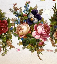 En bukett blandet med roser, fioler. 1800-talls kromolitografi.