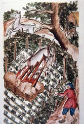 En hjort faller i fellen til jegere, fra boken "Trujillo del Peru" eller "Códice Martínez Compañón", av Baltazar Martinez Compañón y Bujanda, biskop av Trujillo (1782-1785)