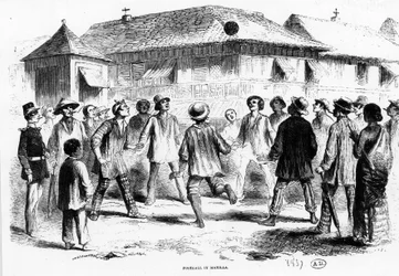 En fotballkamp i Manila (Filippinene) - gravering