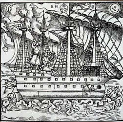 En navigatør på en portugisisk karavel ved hjelp av en astrolabium. Gravering fra reisehistoriene til den tyske navigatøren Hans Staden (1525-1579)