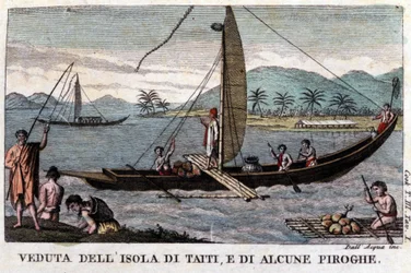 En polynesisk svingkano på Tahiti. Ombord et lass med kokosnøtt og brødfrukter. Litografi fra 1800-tallet