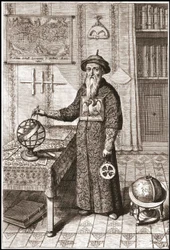 Adam Schall, astronom (1592-1666) i mandarindrakt, med jord- og himmelkloder og astrolabium - i "Kina" av Athanase Kircher (eller Athanasius Kircheri)