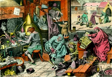 Alchemy Laboratory En alkymist som konsulterer en grimoire. Gravering av privatsamlingen fra 1500-tallet