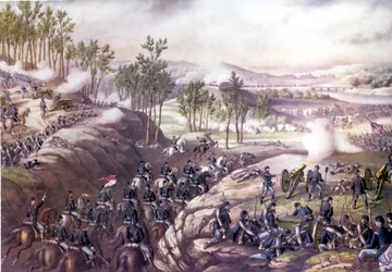 Amerikansk borgerkrig (1861 - 1865): Slaget ved Resaca (Georgia) 13.-15. mai 1864. Gravering av 1800-tallet.