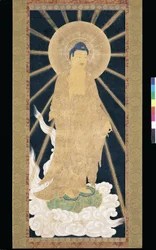 Amitabha (Amida) Triad Descending From Heaven (pigment på konshi (blått rispapir))