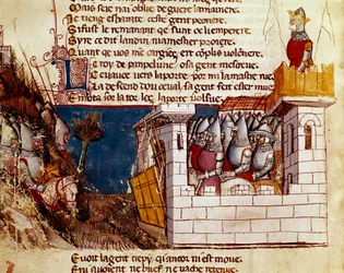 En hær (fra kongen av Pamplona?) søker tilflukt i et slott og klatrer opp miniatyr levis-broen fra "" Entrree of Spain"". Venezia fra 1300-tallet, Biblioteca Marciana.