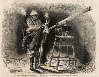 En astrolog søker på himmelen i friluft ved hjelp av teleskopet sitt. Gravering for å illustrere reisen til Japan, i 1863-1864, av Aime Humbert, minister for det sveitsiske konføderasjonen, i «Le tour du monde, nouveau journal des voyages»» publisert under