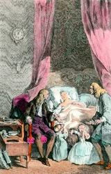 En observatørlege En kvinne som er syk eller allerede død er omringet av familien sin og legen. Barna er i tårer. Gravering rundt 1780. Paris, Medisinakademiet