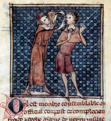 Anatomisk figur: lege som undersøker øyet til en pasient. Miniatyr fra manuskriptet "" Surgery" (Folio 17v) skrevet av Henri de Mondeville (kirurg ved Philippe Le Bel professor i anatomi)