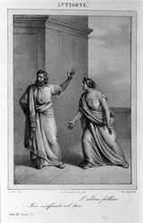 Antigone Act 4, scene 5. Italiensk tragedie av Vittorio Alfieri skrevet i 1783 etter gresk mytologi. Gravering fra 1700-tallet.