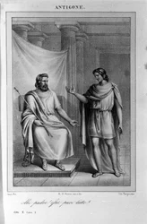 Antigone Act II, scene 1. Italiensk tragedie av Vittorio Alfieri skrevet i 1783 etter gresk mytologi. Gravering fra 1700-tallet.