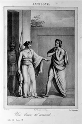 Antigone Act I, scene 3. Italiensk tragedie av Vittorio Alfieri skrevet i 1783 etter gresk mytologi. Gravering fra 1700-tallet.