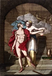 Arianne gir Theseus tråden slik at han kan komme seg ut av labyrinten – i Dizionario mitologico