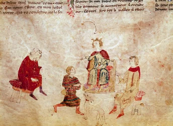 Arthurian Legend: "" Kong Arthur på sin trone omgir rådgiverne sine"" Miniatyr fra "" Meliadus, bror til Tristan"" Venezia Biblioteca Marciana fra 1300-tallet