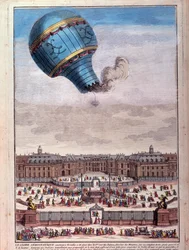 Ballongflyging: opplevelse av Montgolfier-brødrene foran slottet i Versailles i september 1783. Gravering fra 1700-tallet. Paris, B.N.