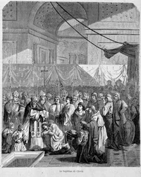 Bapteme of Clovis av Anastase II i katedralen i Reims 25. desember 498 - i "Histoire des popes"", vol. 1, Maurice Lachatre.