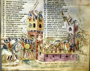 Kampscene i en befestet borg. Miniatyr fra «Roman de Troie» av Benoît de Sainte-Maure.