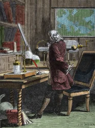 Benjamin Franklin (1706-1790), filosof, fysiker og amerikansk ambassadør i laboratoriet sitt i Philadelphia.