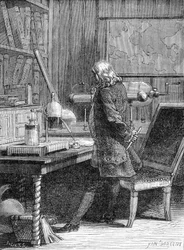 Benjamin Franklin , amerikansk politiker og fysiker (1706-1790) i sitt fysikklaboratorium i Philadelphia - gravering