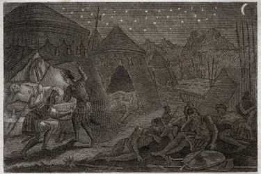 Bibelen til Royaumont, Det gamle testamente: David redder Saul. David har Saul i hendene, men han skader ham ikke. Han tar bare spydet og koppen. Illustrasjon fra 1811.