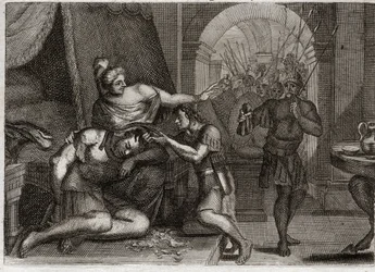 Bibelen til Royaumont, Det gamle testamente: Samsons død. Samson oppdager Dalila at styrken hennes var i håret. Hun klipper håret hans og bringer filistersoldatene inn i rommet. Illustrasjon fra 1811.