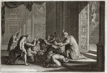 Bible of Royaumont, Old Testament: Joseph is recognized by his brothers. Illustration from 1811.